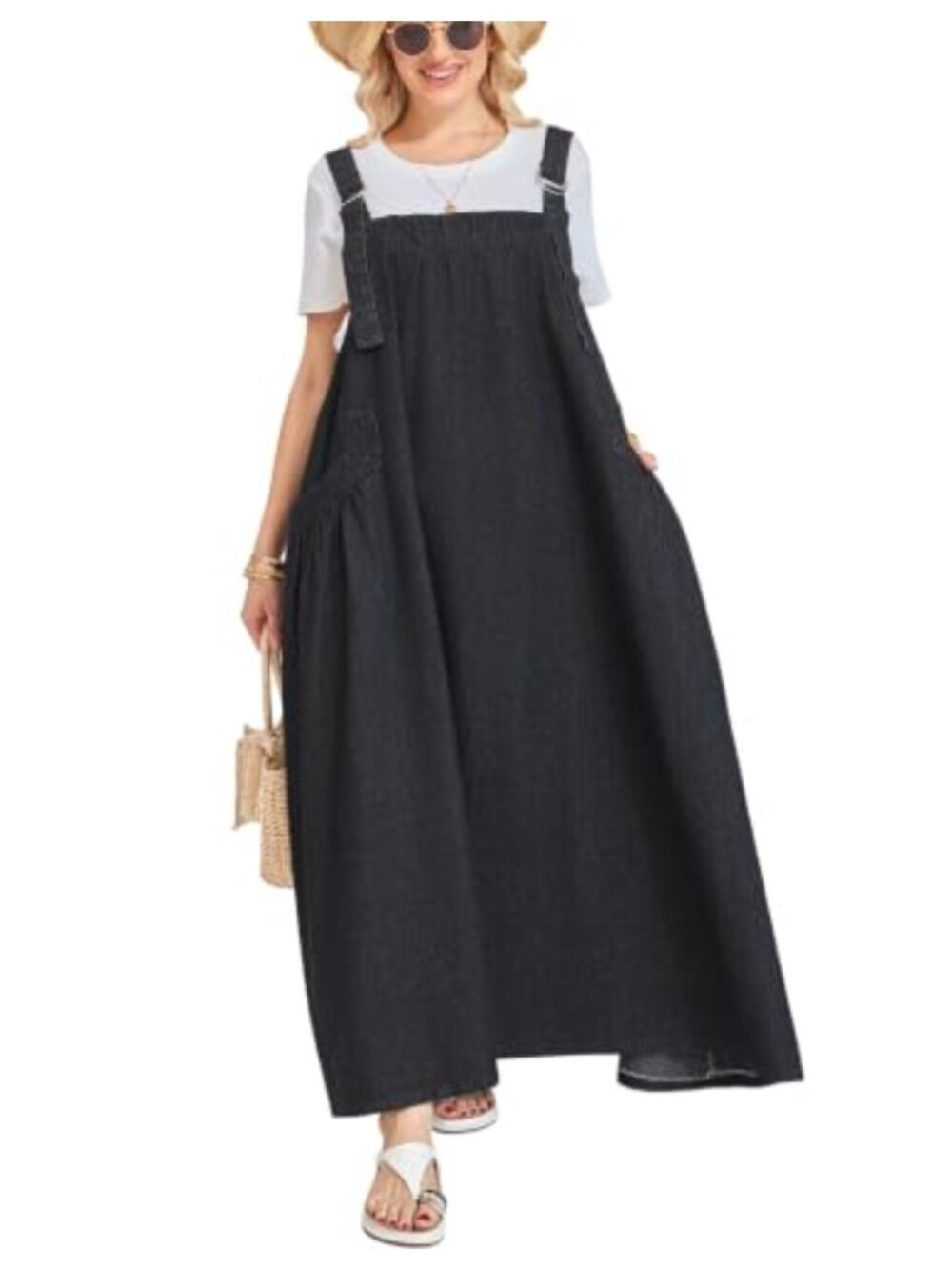 Denim Jumper Dress Loose Baggy Maxi Adjustable Straps Wide Hem Pockets